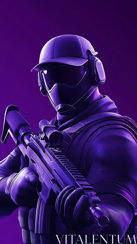 Armored tactical soldier grips rifle in neon purple light