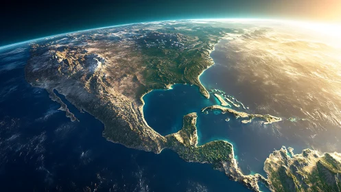 Oblique orbital view of North America and Caribbean sunrise