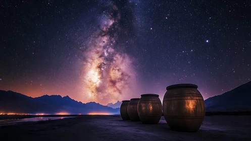 Night sky Milky Way core above river valley with clay jars