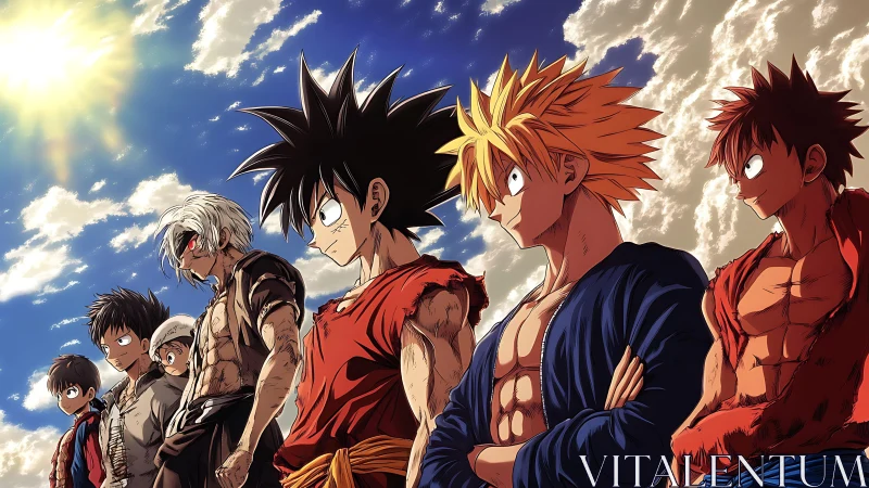 High-intensity anime warriors aligned under dramatic skylight.