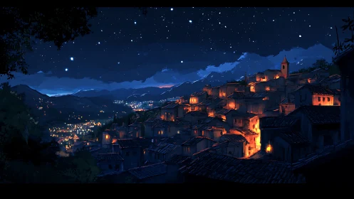 Quiet hillside village glowing softly beneath starlit skies.