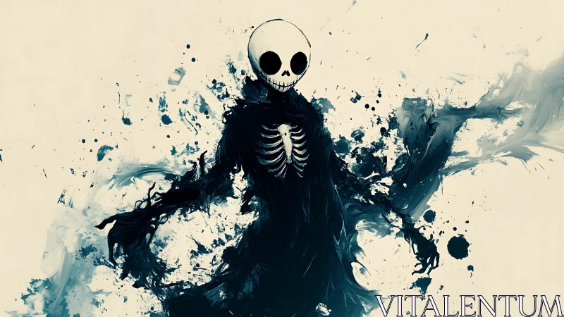 Ink-drenched skeletal wraith dancing in abstract midnight storm.