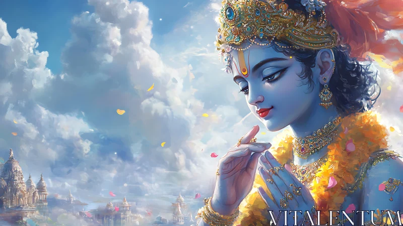 Skyward blue deity in garlands amid drifting temple dreams.