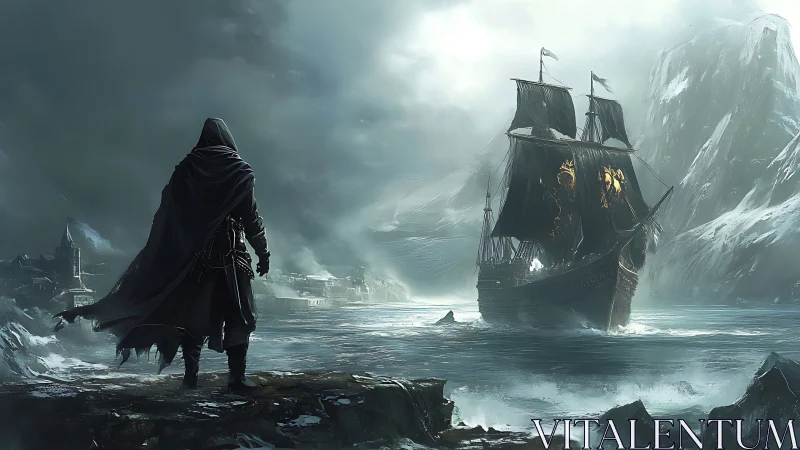 Cloaked rogue surveys warship in stormy glacial fjord tableau