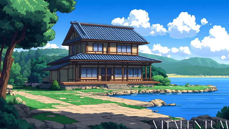 Tranquil lakeside Japanese house under bright summer sky.