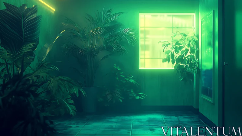 Neon window bathes lush indoor plants in teal corridor