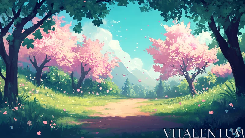 Enchanted Forest Pathway with Blooming Cherry Trees and Luminous Sky.