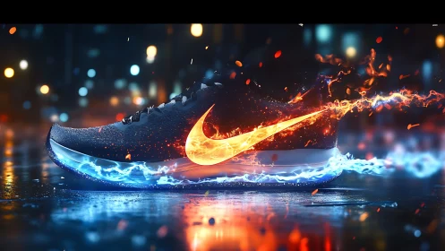 Running shoe with fiery logo and electric sole on wet street.