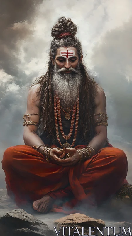 Ascetic yogi in seated meditation rendered as digital painting