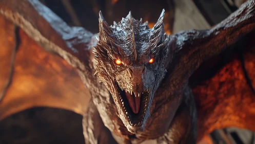 Fiery-eyed dragon roars in close-up cavern scene.