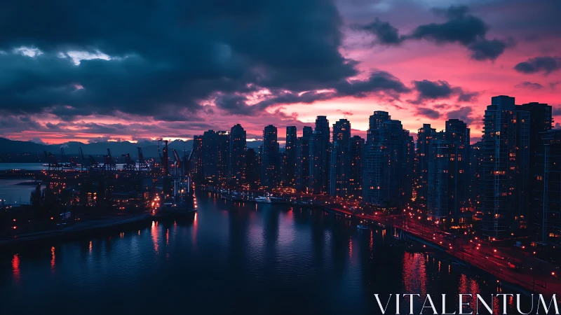 Neon-lit harbor skyline under dramatic magenta dusk sky.