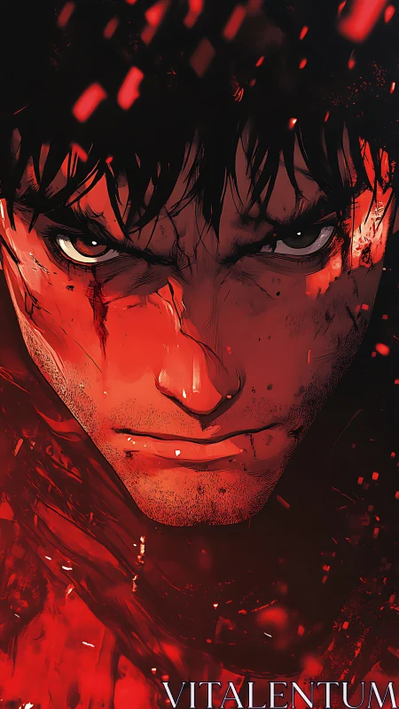 Close digital portrait shows wounded male face in red light