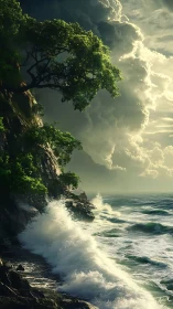 Cliffside wave impact under volumetric storm cloud illumination.