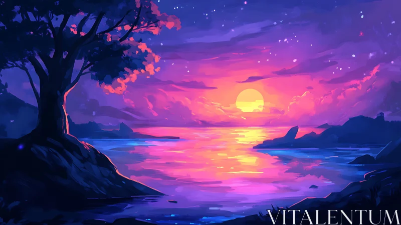 Dreamy violet sunset paints a tranquil coastal fantasy cove