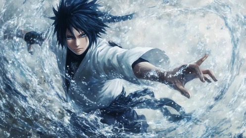 Intense anime warrior controls swirling blue water power.