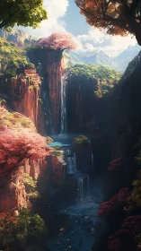 Vertical canyon waterfalls with terraced pools and sakura trees
