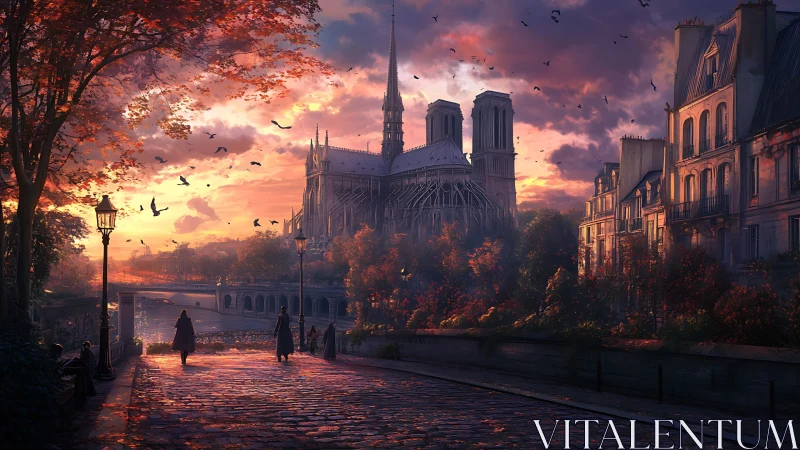 Notre Dame viewed across river at sunset in autumn light.