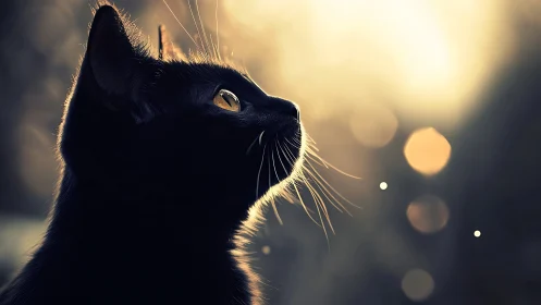 Silhouetted Black Cat Profile Backlit Golden Hour.
