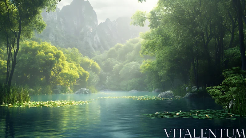 Emerald forest lake rests beneath misty mountain cliffs.