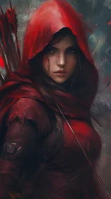 Hooded female archer in red cloak against dark backdrop.