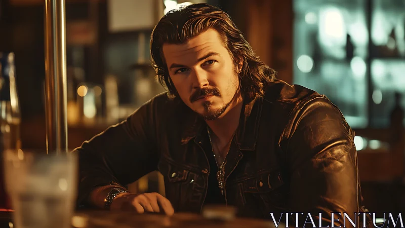 Man in brown leather jacket sitting at warm lit bar.