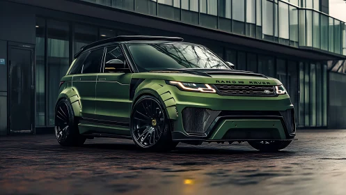Widebody matte green SUV render emphasizes aggressive aero geometry
