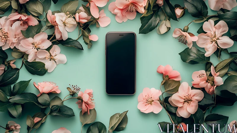 Smartphone Centered Within Bilateral Floral Arrangement on Mint Background