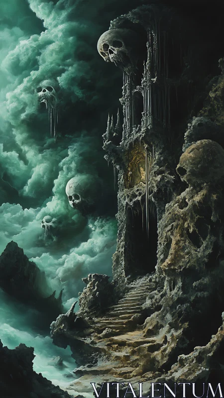 Skull citadel adrift in storm-torn necrotic emerald clouds.