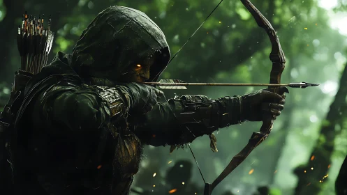 Hooded forest archer drawing composite bow in dynamic tension