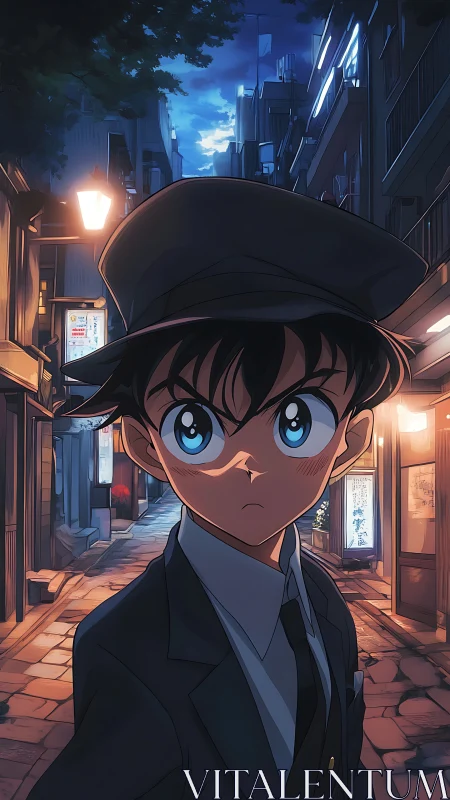 Boy in formal clothing on narrow evening city street.