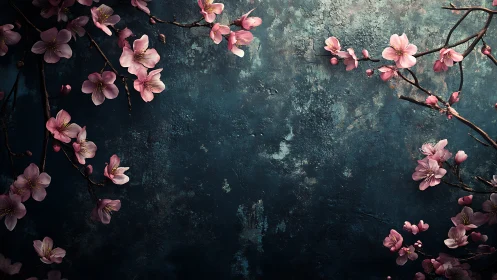 Pink blossoms frame a weathered dark teal textured backdrop.