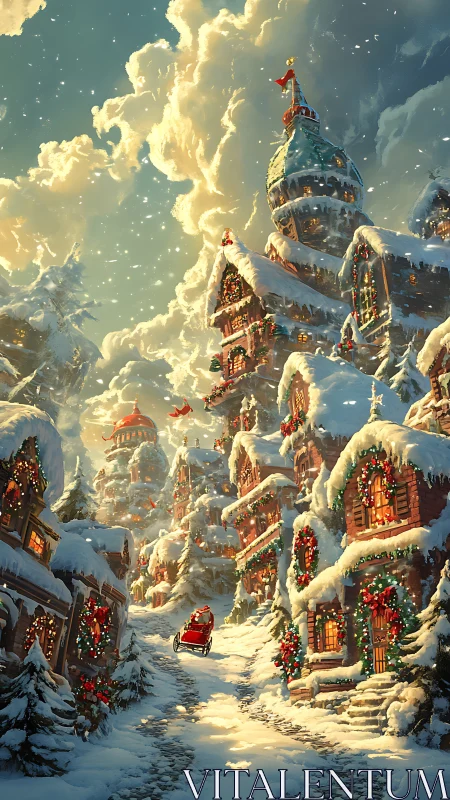 Snow-covered hillside village with decorated houses at dusk.