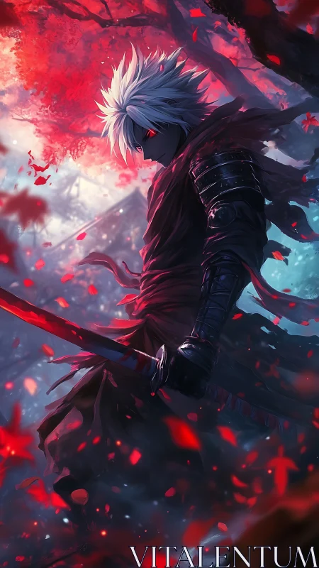 White-haired dark swordsman under crimson maple canopy at dusk