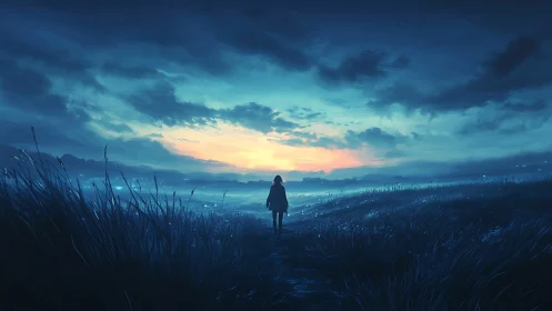 Solitary figure on twilight field under expansive sky.