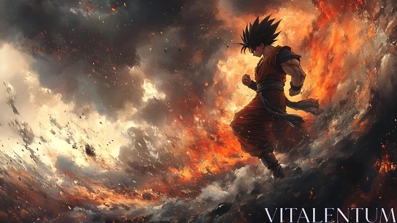 Fiery anime warrior advancing through swirling inferno storm.