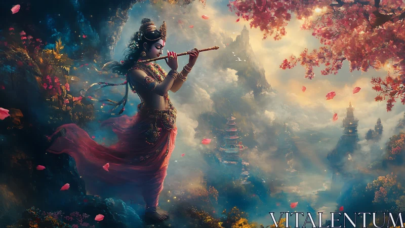Mythic flute deity amid luminescent mist and vertical temples.