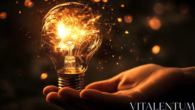 Photorealistic glowing lightbulb cradled in hand, warm bokeh field.