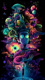 Cosmic cartoon wanderer confronts a swirling neon multiverse