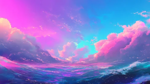 Dreamy cotton candy sky floating over neon painted sea.