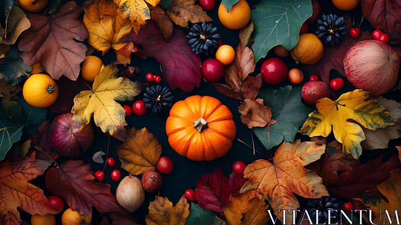 Autumn harvest flatlay with pumpkin, leaves, and fruit.