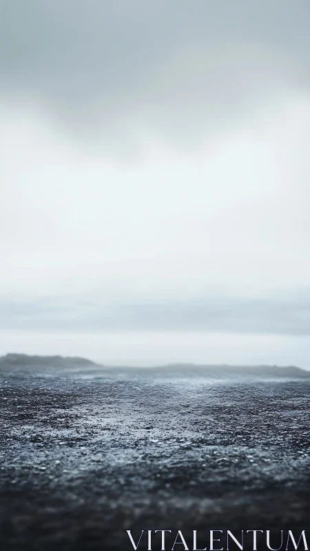 Gently misted shoreline stretches into a calm gray horizon