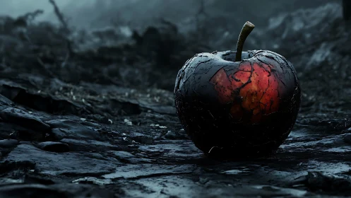 Decayed black apple with fractured red core on wet volcanic ground