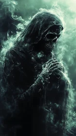 Spectral hooded reaper emerging from turbulent vapor fields.