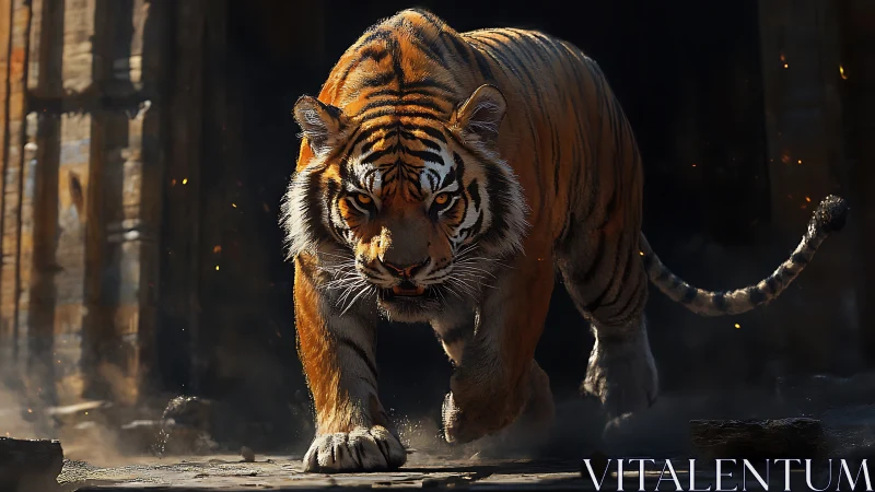 Tiger walking through dim, dusty environment outdoors.