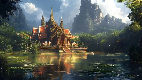 Golden riverside temple gleams beneath misty mountain peaks.