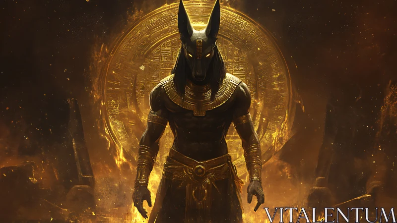 Anubis stands before flaming hieroglyphic portal in golden aura
