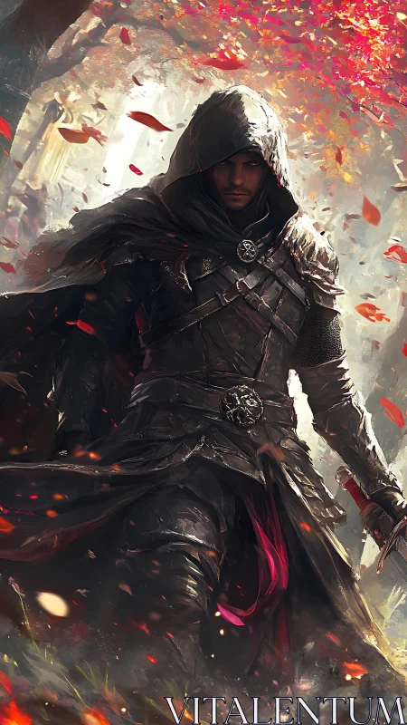 Hooded rogue strides through crimson autumn leaves in armor