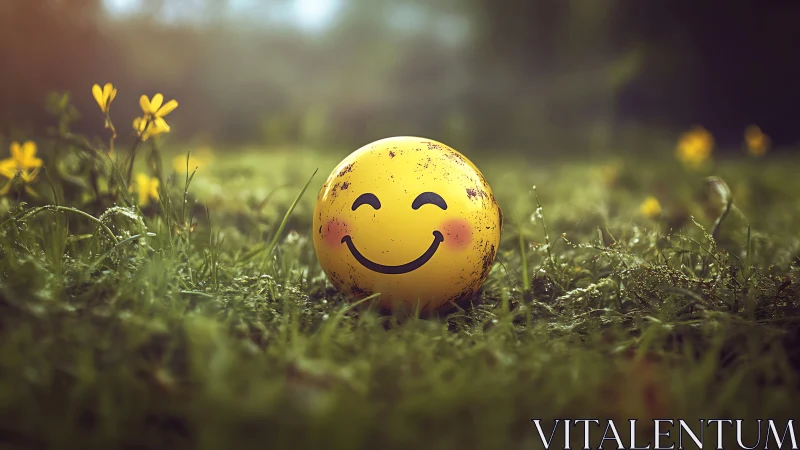 Smiley face ball resting in dewy grass at golden hour.