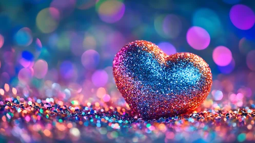 Glitter heart sparkles amid dreamy neon bokeh lights.