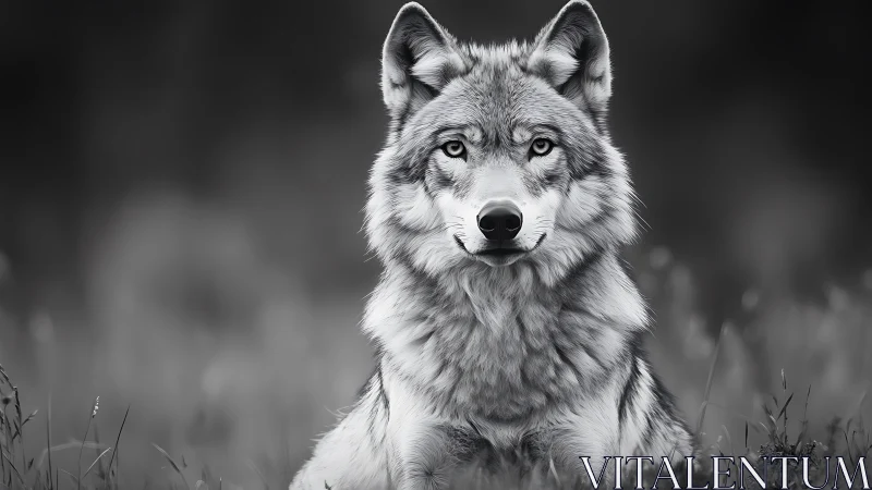 Grey wolf portrait in sharp monochrome forest light.